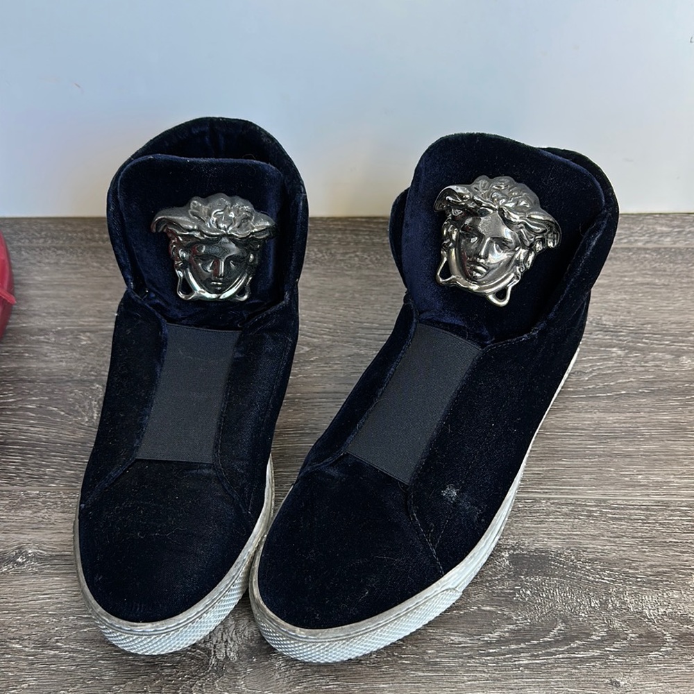 VERSACE NAVY BLUE VELVET PALAZZO HIGH-TOP SNEAKERS